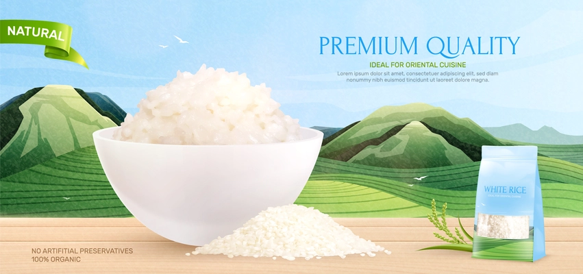 Rice premium quality offering background with advertising of clean organic natural product realistic vector illustration