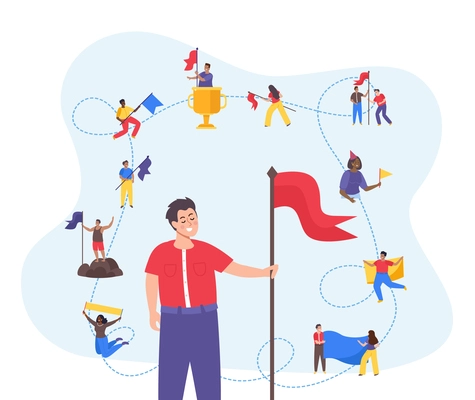 People holding flags of different shape and color flat composition with cheerful characters of winners vector illustration