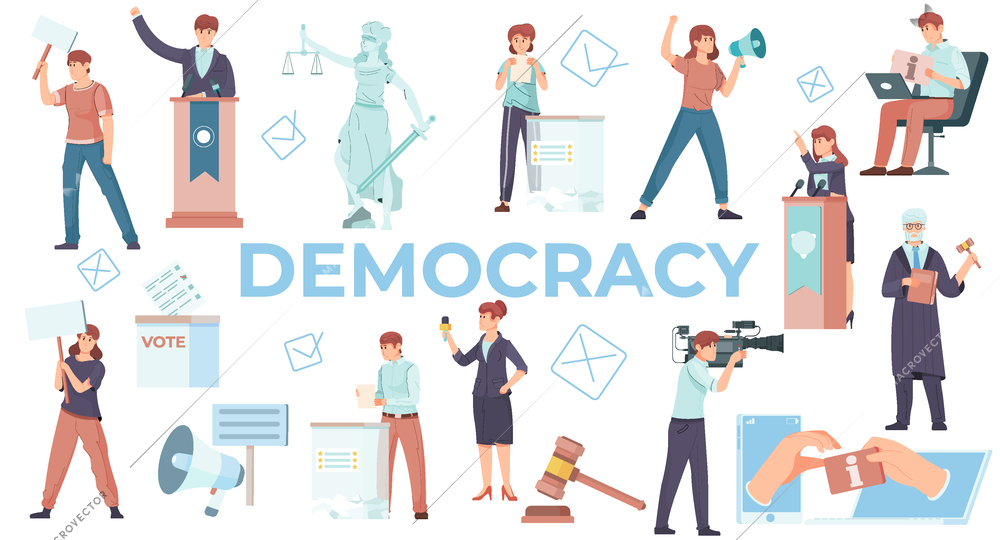 Democracy flat set of people busy in politics protests electioneering debate and voting process isolated vector illustration