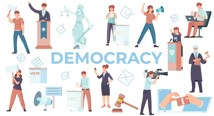 Democracy flat set of people busy in politics protests electioneering debate and voting process isolated vector illustration