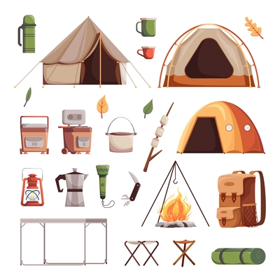 Camping icon set tents fire cups and other tourists attributes colored and isolated vector illustration