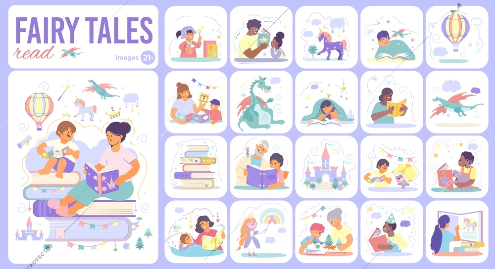 Fairy tales flat composition consisting of twenty one images with reading people cartoon vector illustration