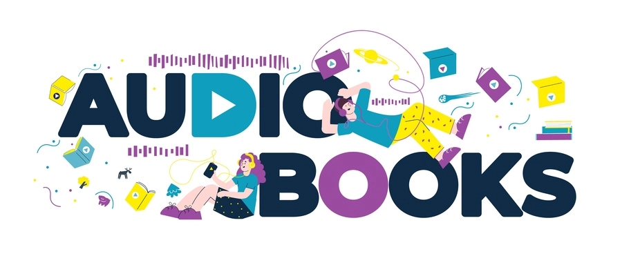 Audio books flat text with big letters and small adult characters with smartphones and headphones vector illustration