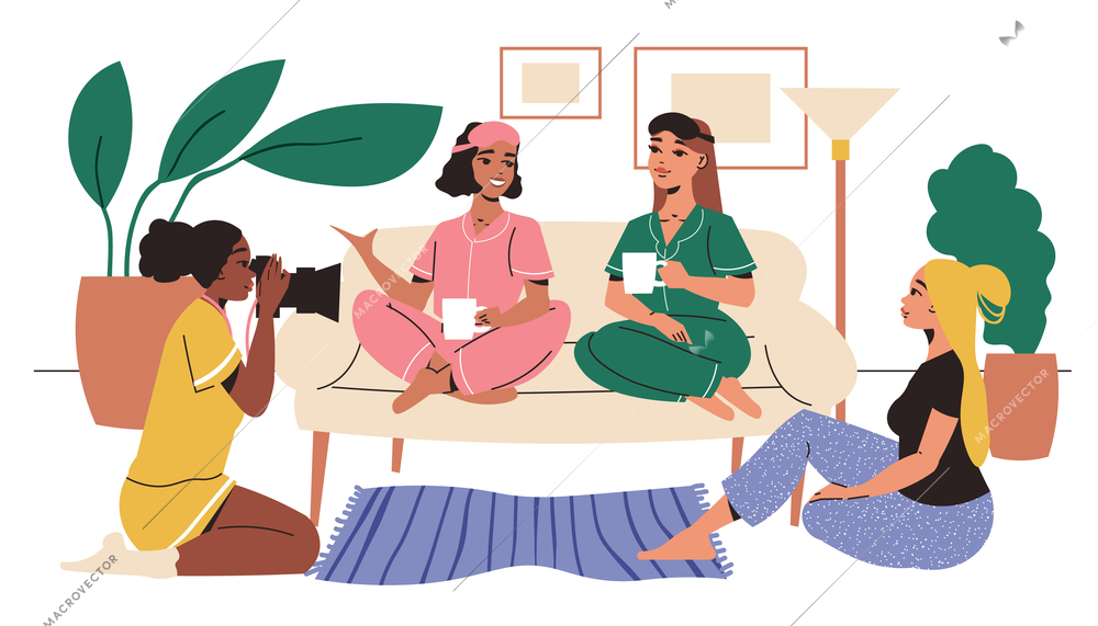 Female friends spending time together in conversation over cup of coffee and photo shoot cartoon vector illustration