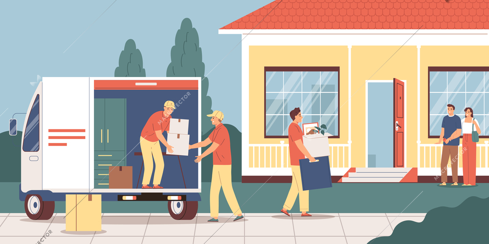 Happy couple moving into new house and movers unloading truck flat vector illustration