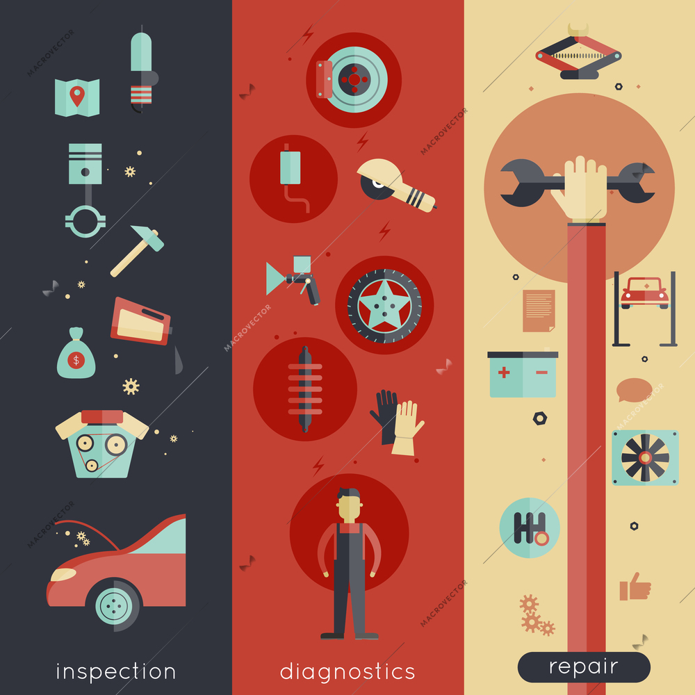 Auto service vertical banner set with inspection diagnostics repair elements isolated vector illustration