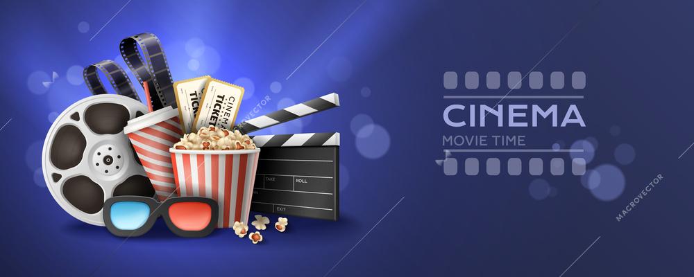 Realistic horizontal cinema movie time poster with 3d glasses snacks tickets clapper reel on blue background with bokeh vector illustration