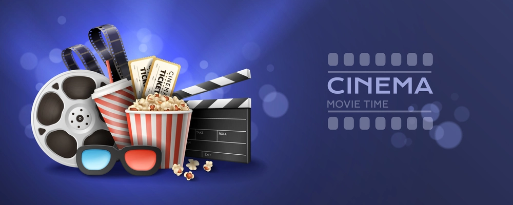 Realistic horizontal cinema movie time poster with 3d glasses snacks tickets clapper reel on blue background with bokeh vector illustration