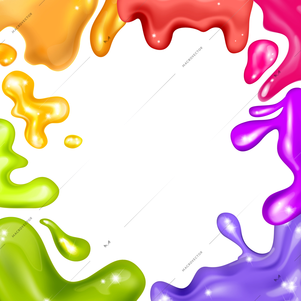 Realistic glitter slime frame composition with empty background space surrounded by colorful drops of shiny liquid vector illustration
