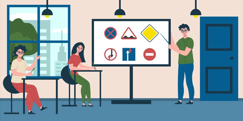 Driving school flat concept with students learning traffic signs in class vector illustration