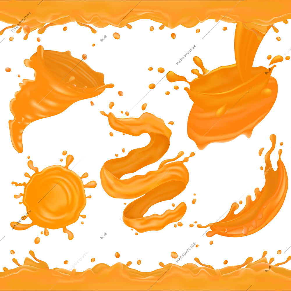 Orange juice splashes of different shapes realistic set against white background vector illustration