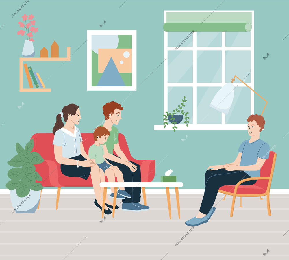 Child psychologist flat concept with family consultation scene vector illustration