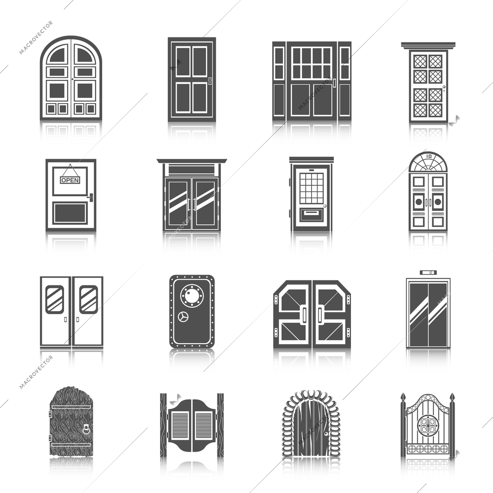 Front entrance door modern house room entrance and safe icons black set isolated vector illustration