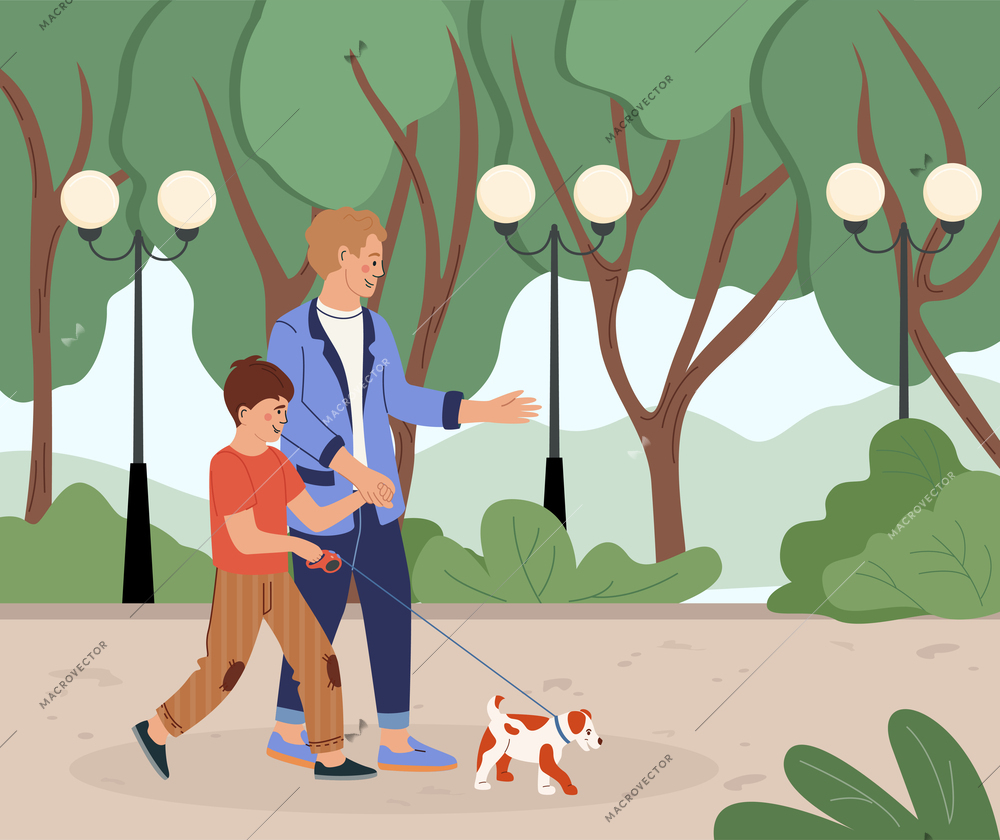 Family morning routine flat concept with father and son walking dog in park vector illustration