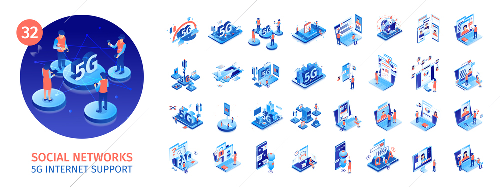 Isometric social media and 5g internet support set with isolated icons of cellular technologies web communication vector illustration