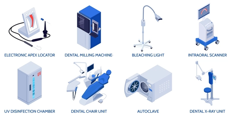 Dental equipment set of isometric compositions with xray unit intraoral scanner autoclave apex locator isolated vector illustration