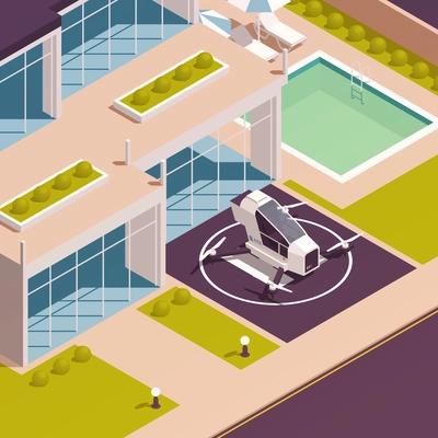 Air transport isometric concept with private helicopter on heliport spot vector illustration