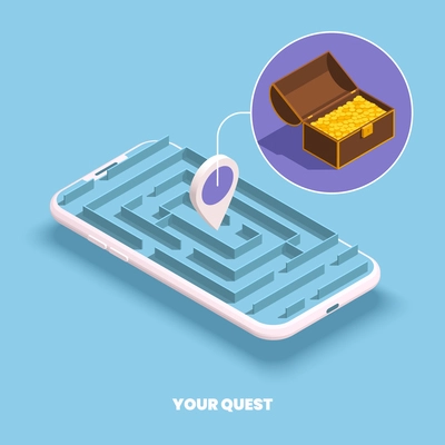 Treasure hunt quest concept with mobile phone and maze map application isometric vector illustration