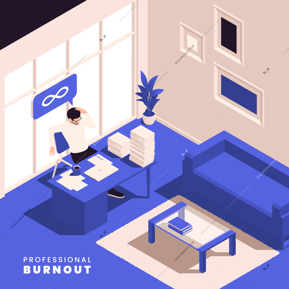 Professional burnout syndrome concept with frustrated business man at office table isometric vector illustration