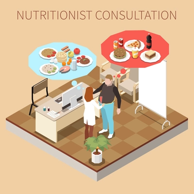 Man getting nutritionist consultation isometric composition with dietician measuring his waist and images of healthy and junk foods vector illustration