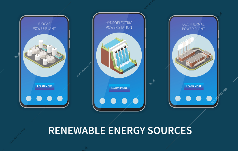 Renewable energy production isometric vertical banners set with biogas hydroelectric and geothermal power stations isolated vector illustration