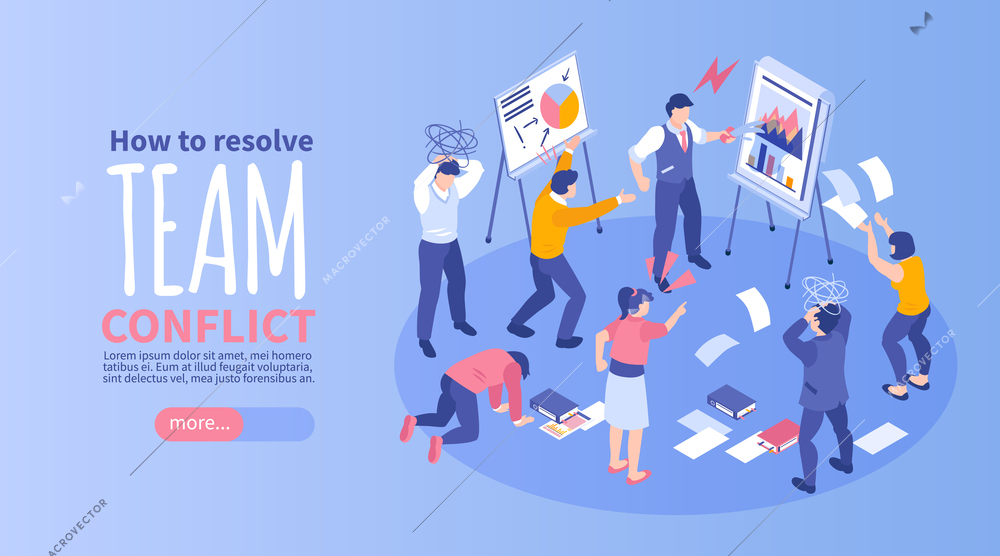 Isometric team conflict banner with people arguing in front of flipping chart vector illustration