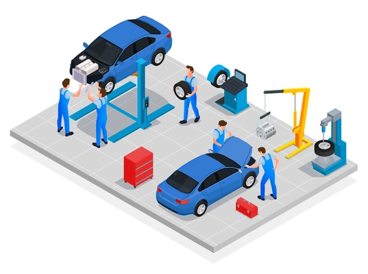 Car workshop isometric composition with professional workers performing maintenance of automobiles vector illustration