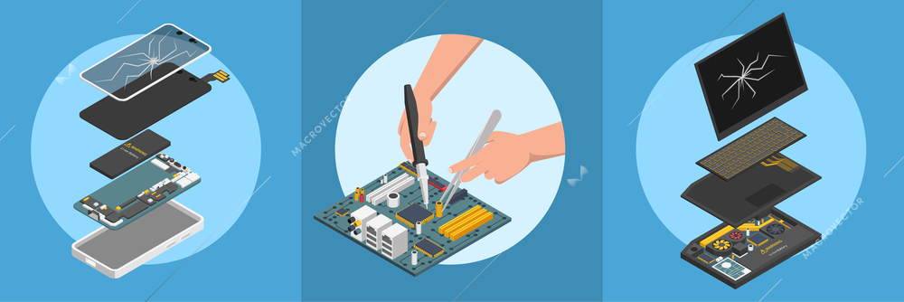 Set with three square circle compositions with computer smartphone testing repairing isometric icons broken screens circuits vector illustration