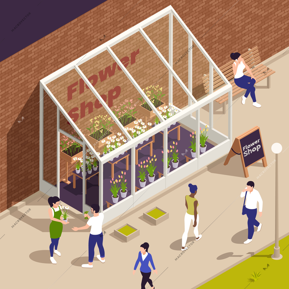 Small family business isometric composition with urban scenery and modern hothouse building with flowers on sale vector illustration