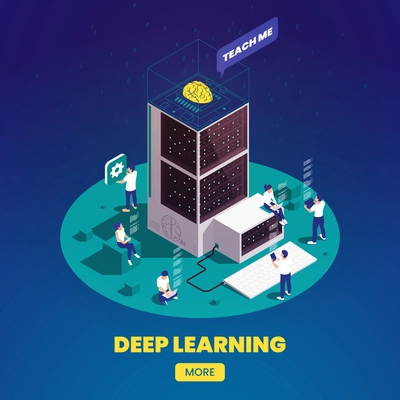 Machine learning deep learning isometric composition with round platform and people connecting gadgets to intelligent server vector illustration