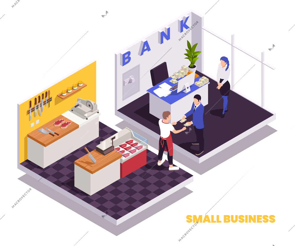 Small family business isometric composition with platform views of kitchen and bank branch with human characters vector illustration