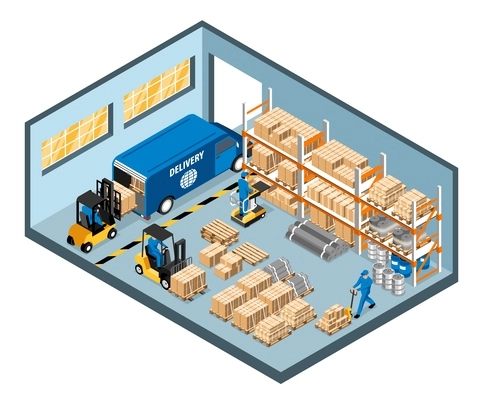Isometric warehouse interior conceptwith workers loading boxes with forklifts isolated vector illustration