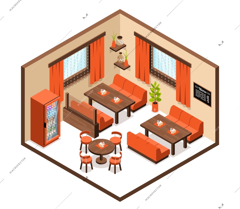 Isometric restaurant interior concept with dining furniture and fridge vector illustration