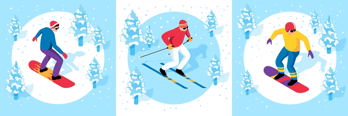 Isometric ski resort concept set with sportsmen skiing and snowboarding isolated vector illustration