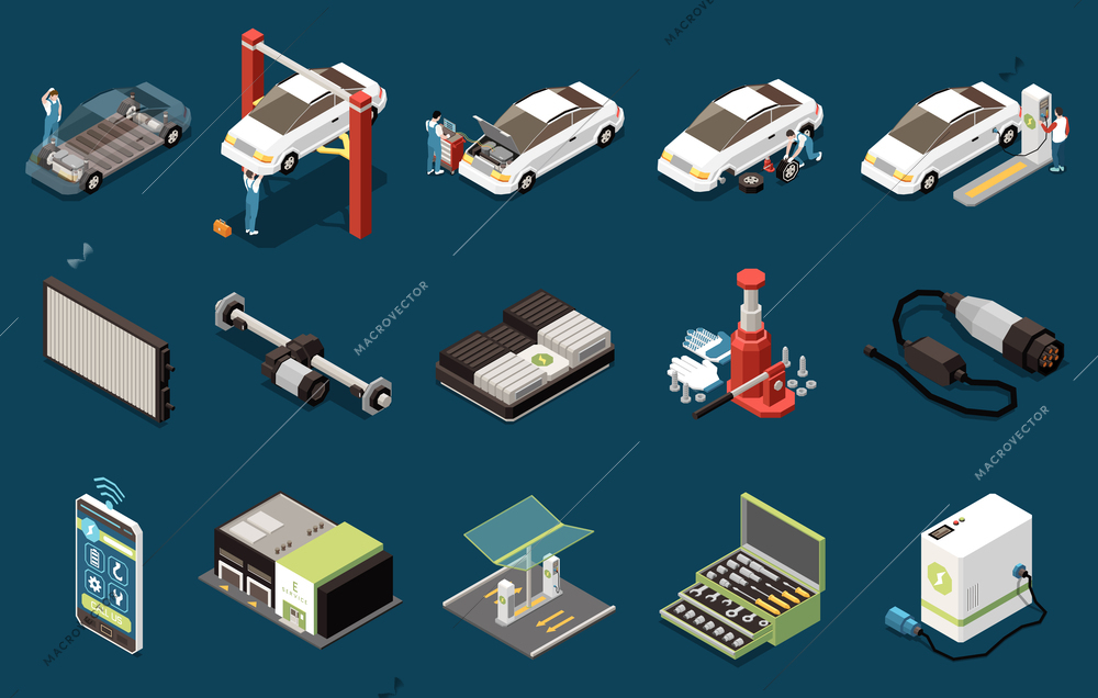 Electric vehicle service isometric set of portable charger lithium battery repair tool box charging station lift jack isolated icons vector illustration