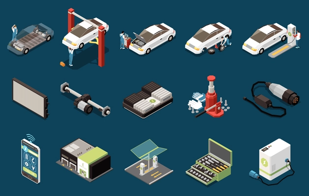 Electric vehicle service isometric set of portable charger lithium battery repair tool box charging station lift jack isolated icons vector illustration