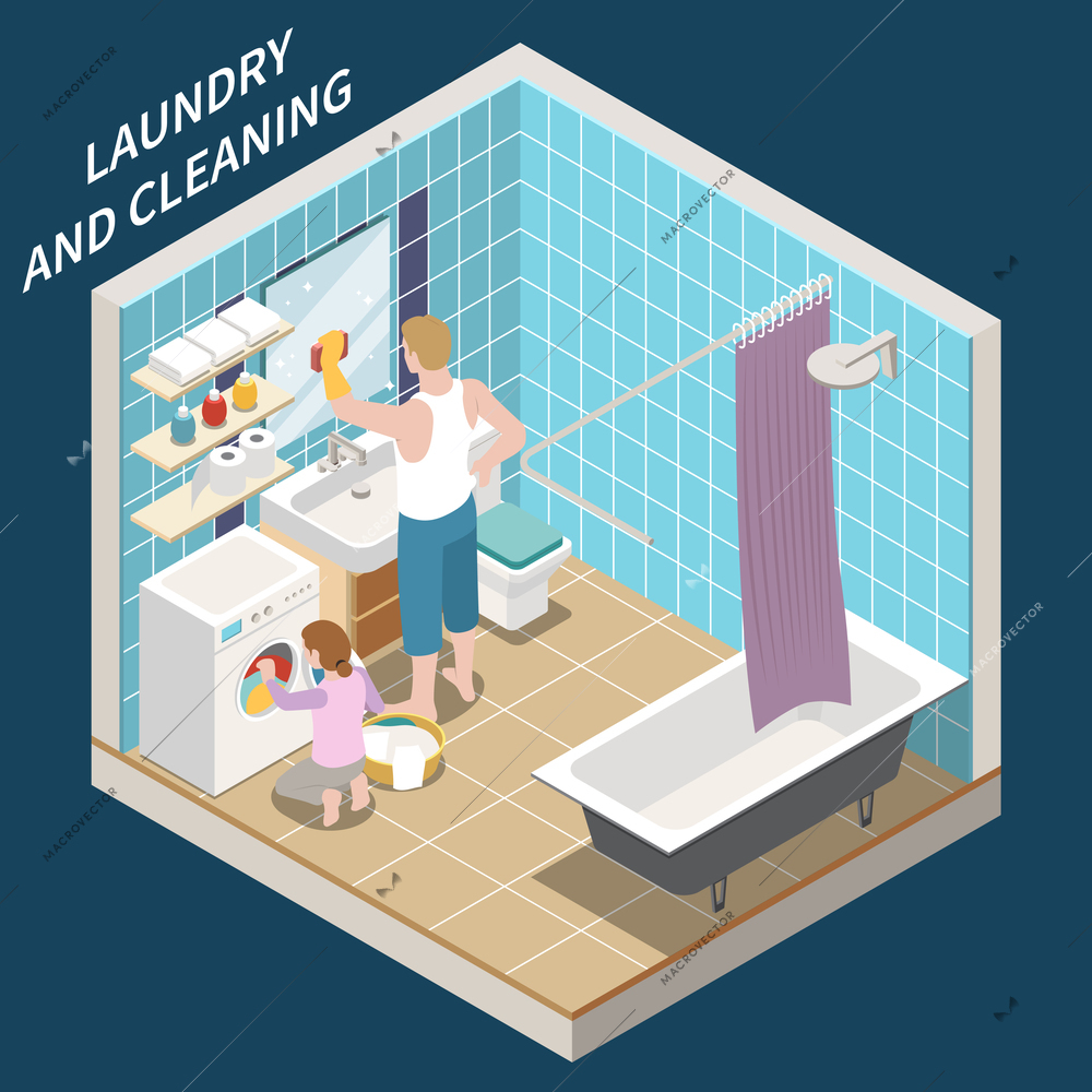 Laundry and cleaning isometric composition with daughter helping to your father with home chores isometric vector illustration