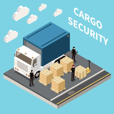 Cargo security service isometric background with team of armed guards protecting truck with goods vector illustration