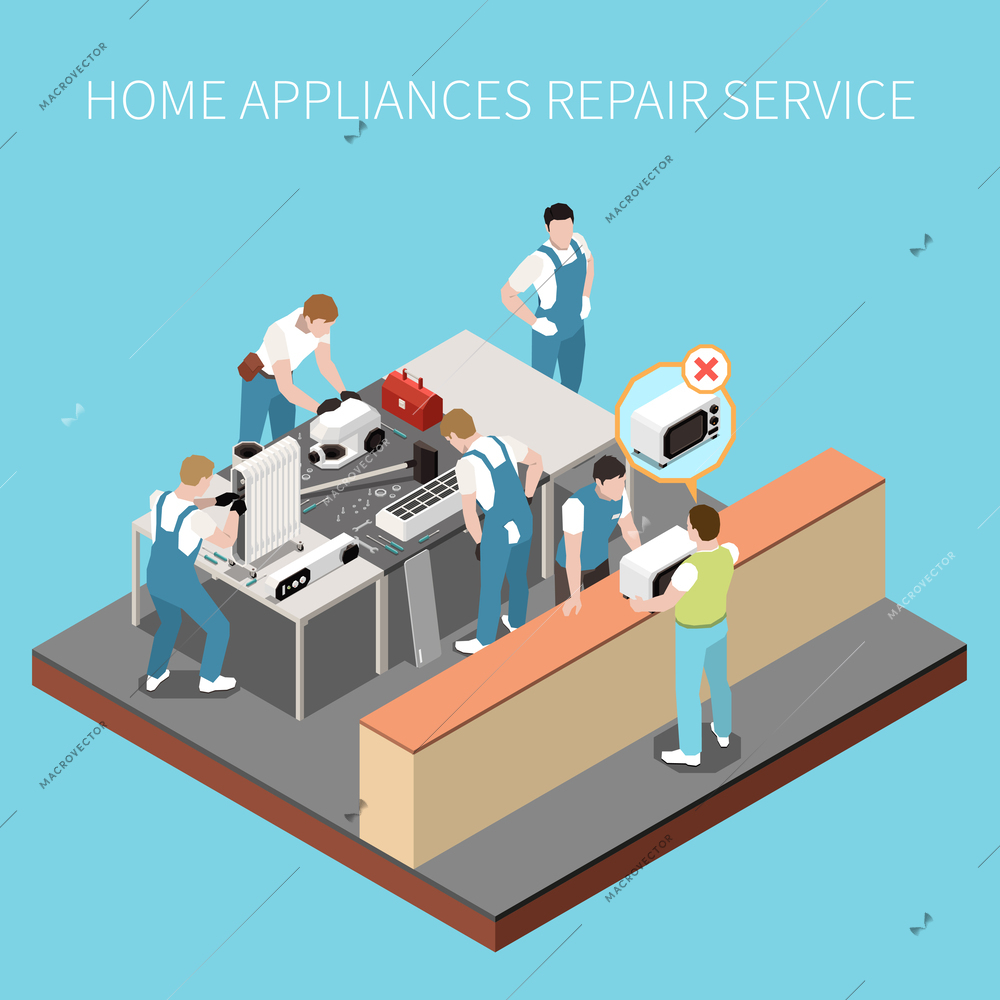 Home appliance repair workshop isometric composition with workers team and male person demonstrated faulty microwave oven vector illustration