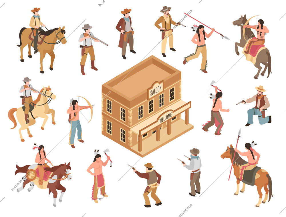 Isometric wild west elements set with horsemen indians and saloon building vector illustration