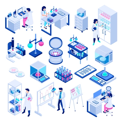 Isometric scientific laboratory icons set with scientists making experiments isolated vector illustration