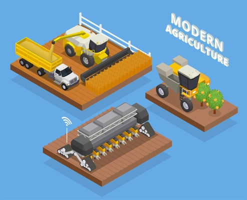 Modern agricultural machinery isometric composition with text and platforms with heavy tractor truck and combine harvester vector illustration
