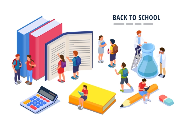 Back to school isometric composition with text and small characters of children among stationery educational materials vector illustration