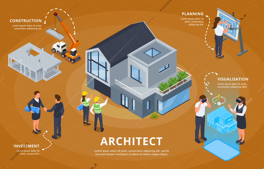 Architect construction engineer isometric background with editable text and compositions of investment planning and visualization processes vector illustration