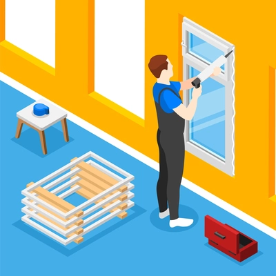 Renovation worker installing plastic windows isometric concept vector illustration