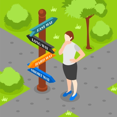 Decision making isometric concept with woman on road cross vector illustration