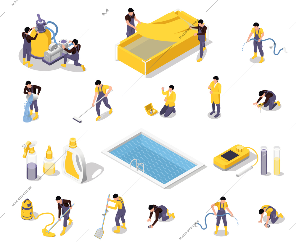 Set with isolated swimming pool maintenance service isomeric icons with human characters of workers and tools vector illustration