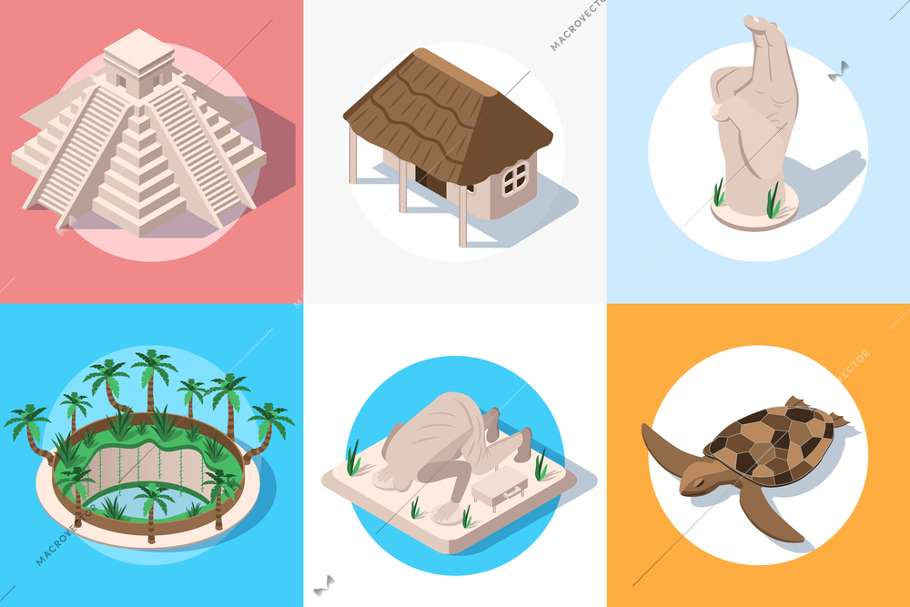 Yucatan travel isometric set of round compositions with icons of landmarks with stoned man and turtle vector illustration