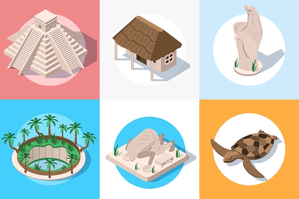 Yucatan travel isometric set of round compositions with icons of landmarks with stoned man and turtle vector illustration