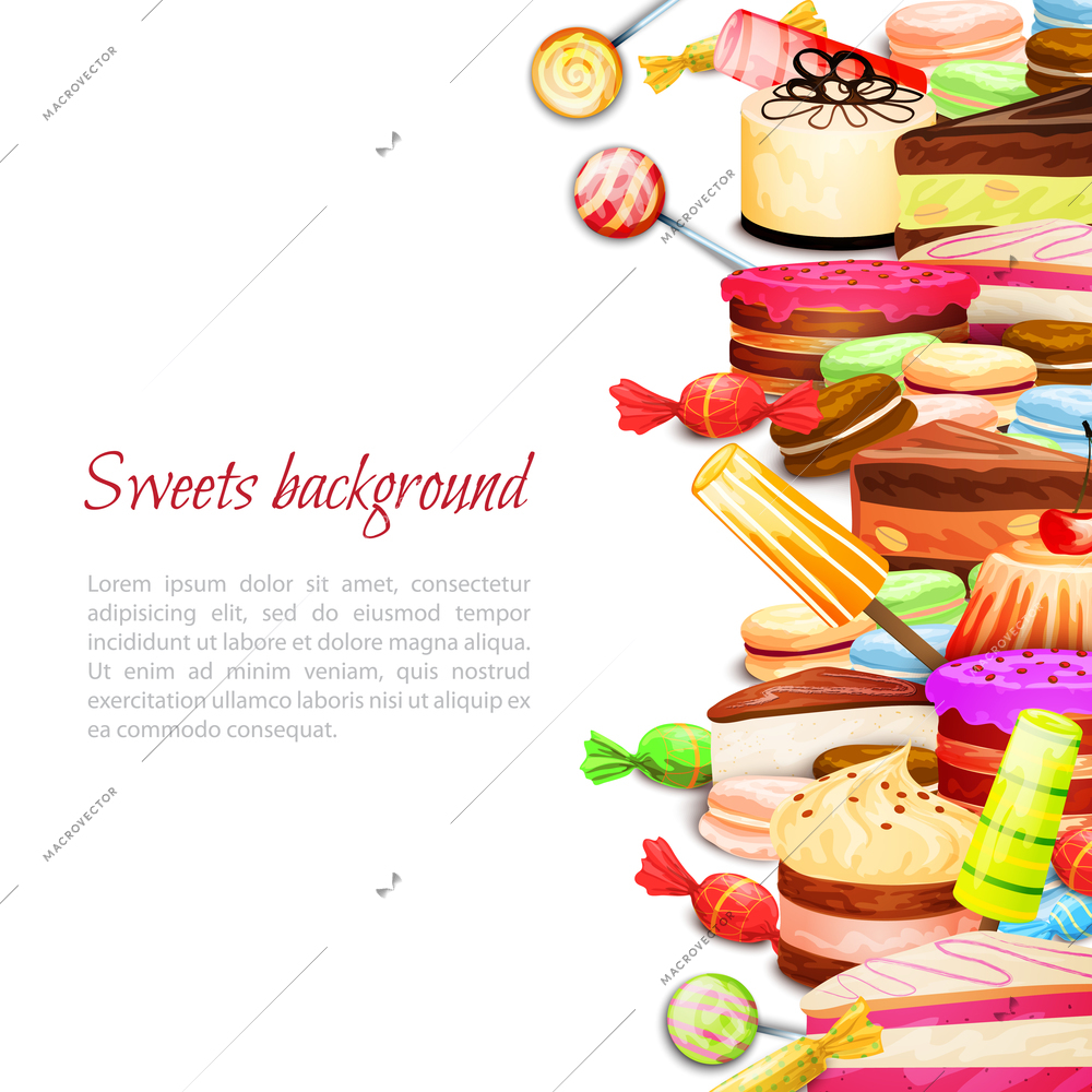 Sweet food background with layered cake ice cream macaron cookies vector illustration